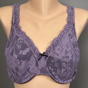 Cacique Lane Bryant Bra 38DD Purple Lace Unlined Underwire Full Coverage Bow